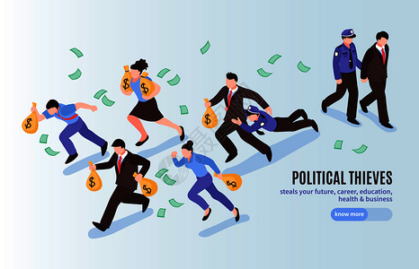 政治小偷等距海报与官员的钱袋逃离矢量插图图片