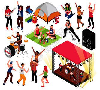 露营音乐节露天音乐节了人类人物的节日游客音乐家矢量插图插画