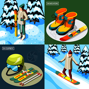 滑雪场等距滑雪板与运动设备滑雪板斜坡孤立矢量插图图片