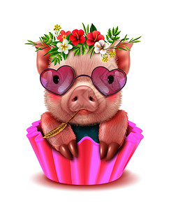 迷你猪可爱的雌猪戴着粉红色的太阳镜,心形花圈头部逼真的肖像矢量插图上可爱的猪写实肖像插画