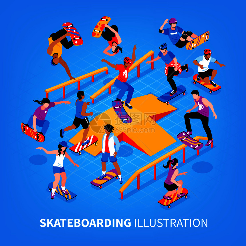 等距滑板背景与现实的人类角色滑板者跳跃骑他们的长板表演练矢量插图滑板等距背景成图片