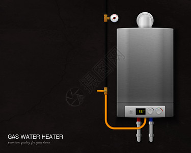 浴室热水器彩色真实的燃气热水器锅炉成与工具墙上的灰色背景矢量插图插画