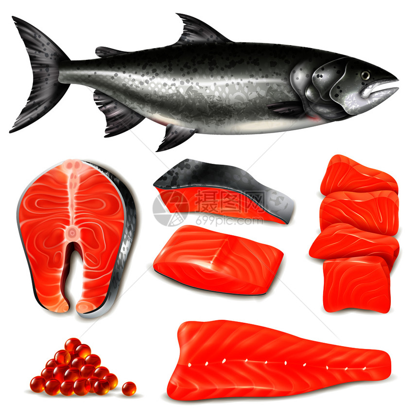 鲑鱼鱼生牛排鱼子酱图标白色背景现实矢量插图上图片