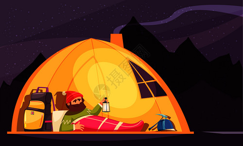 户外睡袋登山卡通与登山运动员睡袋,灯笼帐篷夜间矢量插图登山运动员帐篷卡通插画
