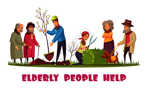 男志愿者素材志愿者帮助老人种植树木,修剪树篱,园艺家务,平卡通,水平构图矢量插图插画