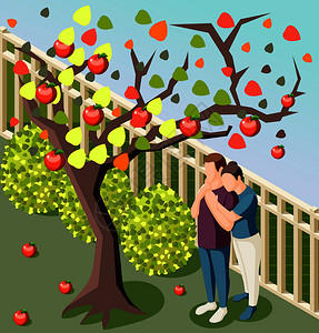快乐情侣拥抱苹果树下等距构图海报户外秋日收获花园背景矢量插图图片