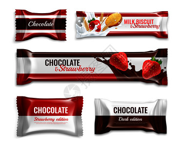 风味餐巧克力糖果饼干逼真的包装,搭配美味的牛奶草莓成分,五颜六色的孤立矢量插图插画