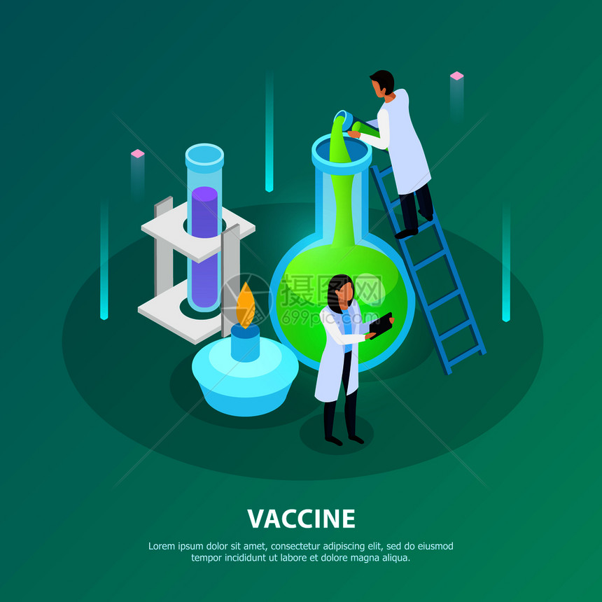 科学家实验室实验中进行疫苗开发的绿色背景等距矢量插图图片