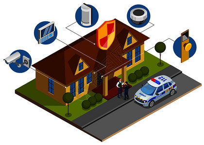 安全系统安装等距成与建筑保护装置符号监视服务人员达矢量插图图片