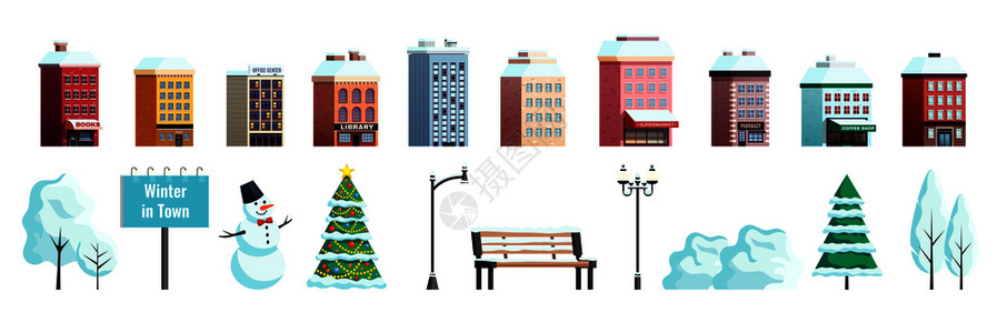 冬季城市平户外元素收集与房屋诞树灯笼长凳雪人孤立矢量插图图片