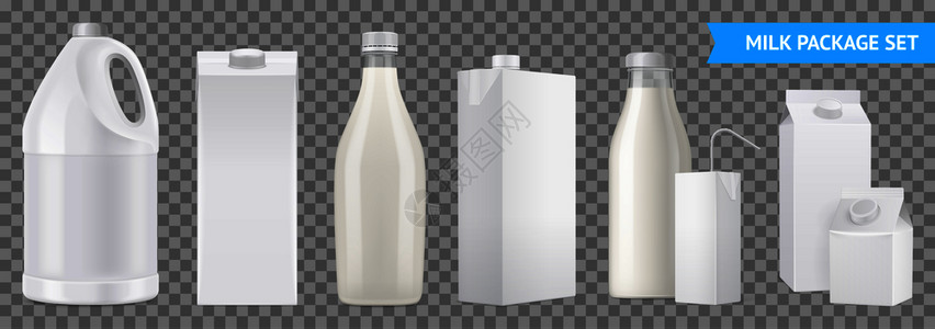 逼真的牛奶包装透明图标白色瓶子同的形状大小矢量插图图片