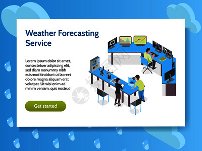 水文的等距气象天气中心横幅与天气预报服务标题,并开始按钮矢量插图插画
