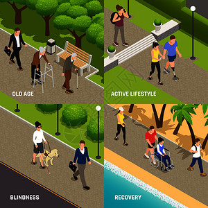 截肢行走具残疾人户外活动康复4等距图标与盲老截肢矢量插图插画