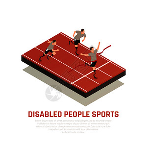 残疾人运动员残疾人运动等距成与3个截肢刀片假体跑步者男子跨越终点线矢量插图插画