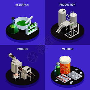 制药工业创新技术4等距图标成与科研生产包装医学矢量插图图片