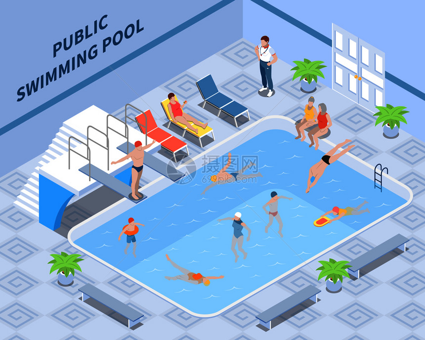 公共游泳池等距成与教练游客游泳休息内部元素矢量插图图片