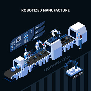 自动化制造等距成与自动化输送机机器人设备接口元件的控制板矢量插图背景图片