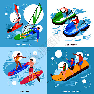 水上运动2x2集的风帆冲浪喷气式滑雪香蕉划船冲浪广场图标等距矢量插图图片