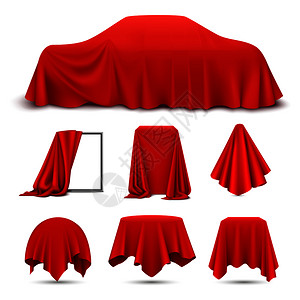 红色丝布覆盖物体写实与悬垂框架汽车挂餐巾桌布窗帘矢量插图插画