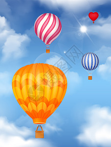 云米空气气球天空中真实的背景与明亮的颜色矢量插图插画