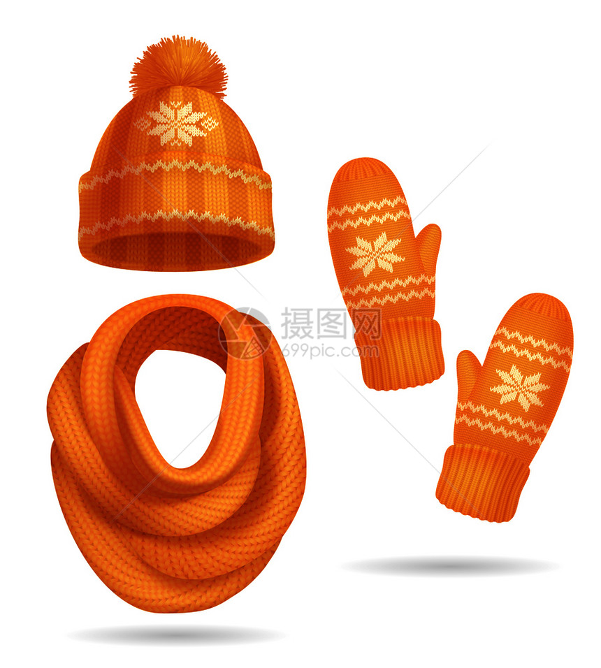 冬季黄色针服装写实套帽子围巾孤立矢量插图图片