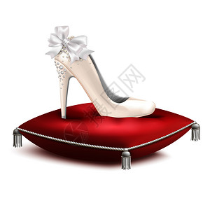 白色装饰高跟鞋婚礼公主派新娘鞋红色缎子枕头现实构图矢量插图背景图片