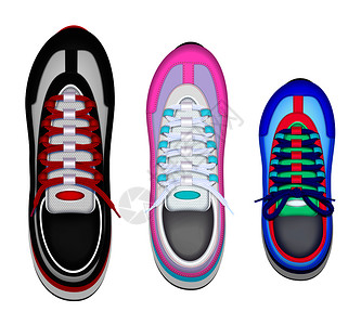 五颜六色的家庭运动鞋现实的顶部视图与父亲母亲孩子左脚运动鞋矢量插图图片