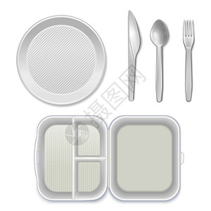 次白色塑料盘子餐具刀叉勺子午餐盒顶视图现实餐具集隔离矢量插图插画
