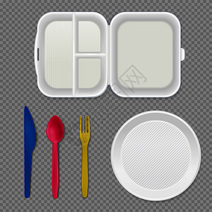 一次性塑料餐具次白色塑料板午餐盒彩色餐具顶部视图现实餐具透明背景矢量插图插画