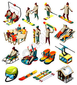 滑雪胜地元素集等距图标与滑雪者滑雪板与体育设备隔离矢量插图插画