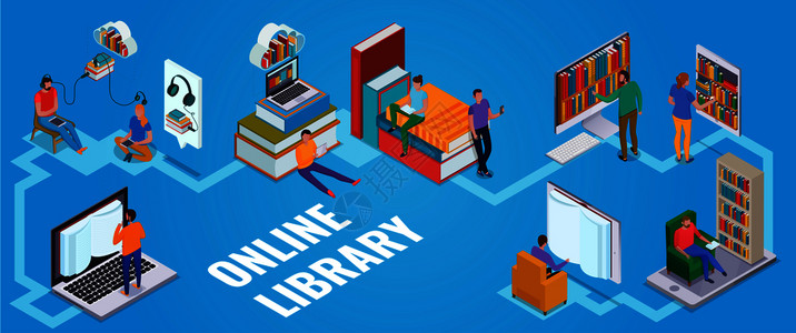图书馆的人人们用线图书馆水平等距的蓝色背景三维矢量插图插画