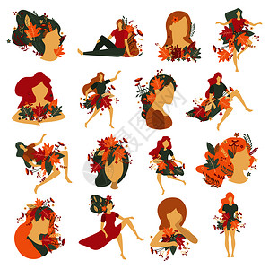 女孩的肖像与装饰秋天的花朵树叶的平图标矢量插图图片