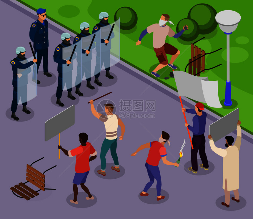 活动家等距海报与青少用石头,武装警棍盾牌等距矢量插图图片