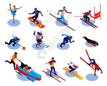 科迪亚姆冬季运动等距图标滑雪板,沙洛姆,自由式花样滑冰,冰球,生物项等距矢量插图插画