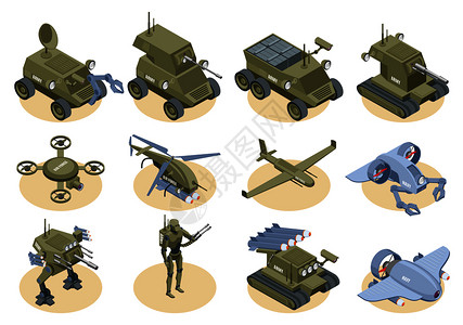 军用坦克事机器人等距图标集水下机器人萨珀空中无人机卡车孤立矢量插图插画
