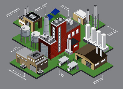 工业仓库工业建筑等距信息图集与工厂仓库矢量插图插画