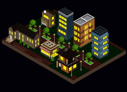郊区晚间建筑与城镇住宅公寓等距矢量插图图片