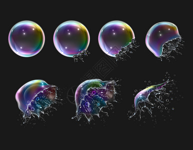 真实光泽圆形彩虹肥皂气泡黑色背景孤立矢量插图上的爆炸阶段图片