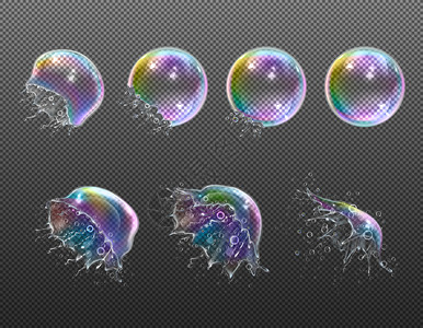 真实的圆形肥皂泡的爆炸阶段,透明的背景隔离矢量插图上飞溅图片