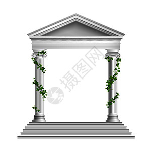 大理石拱门写实柱装饰绿叶与屋顶底部与楼梯成的白色背景矢量插图插画