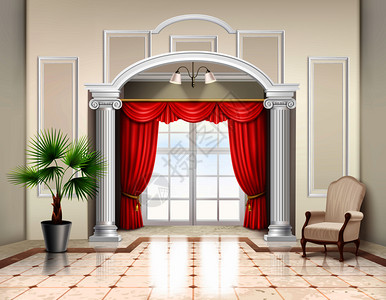法国家具写实的室内经典风格与希腊柱,法国窗口豪华红色窗帘矢量插图插画