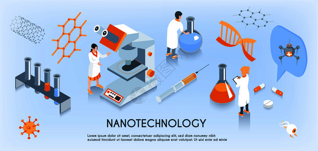 纳米科学彩色等距纳米技术水平成与科学家工作实验室矢量插图插画