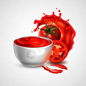 红色汤番茄酱碗逼真的构图与新鲜的整体蔬菜切片飞溅的果汁矢量插图插画