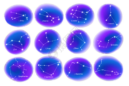占星术星座12个彩色恒星星座图表元素与癌症蝎子座孤立矢量插图背景图片