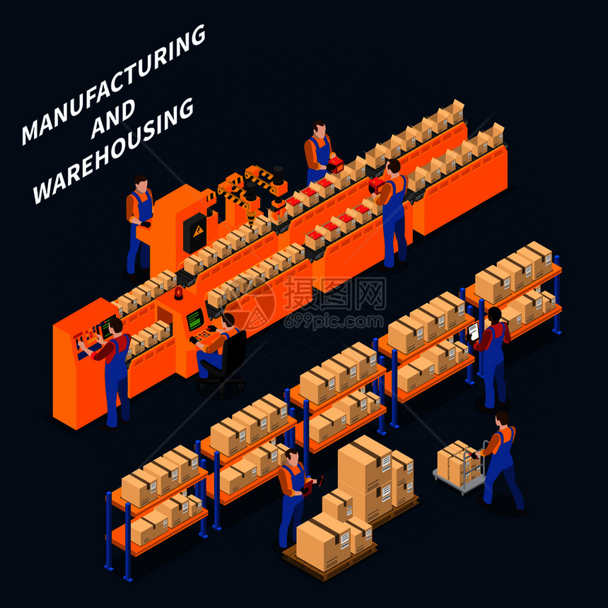 工厂工人等距的人成与人类特征的工人统的货架盒传送带矢量插图图片