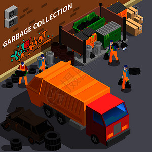 垃圾回收等距成与室外视野的后院与环卫卡车垃圾工人矢量插图图片