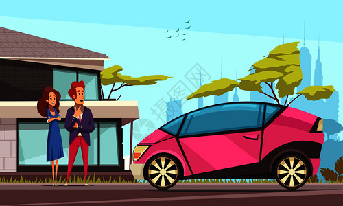 现代地运输轻夫妇附近的房子粉红色的汽车停街道卡通矢量插图图片