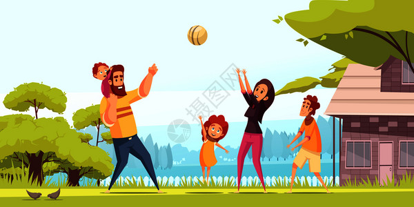 家庭活动假期,快乐的父母与孩子夏季户外玩球卡通矢量插图图片