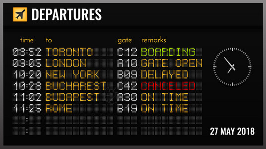 黑色电子机场板写实构图与飞时间门飞行方向矢量插图图片