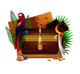 作文木制的古老的木制海盗胸部写实构图与金币棕榈树枝鹦鹉矢量插图插画